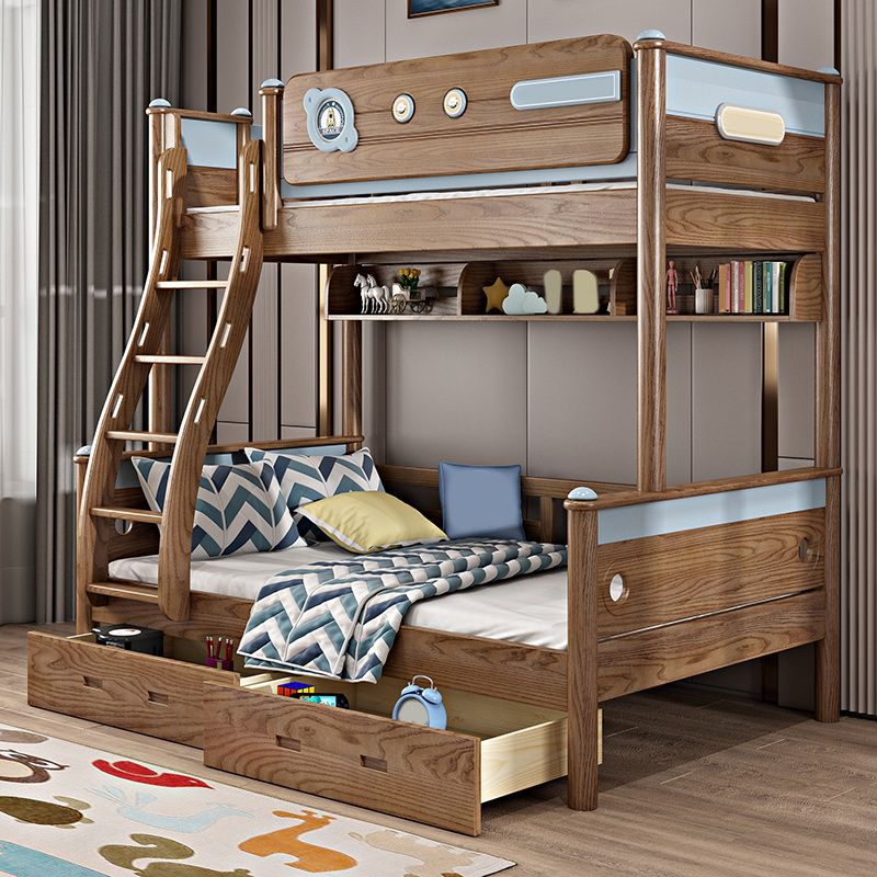Brown Ash Standard Bunk Bed Solid Wood Scandinavian Bed with Guardrail