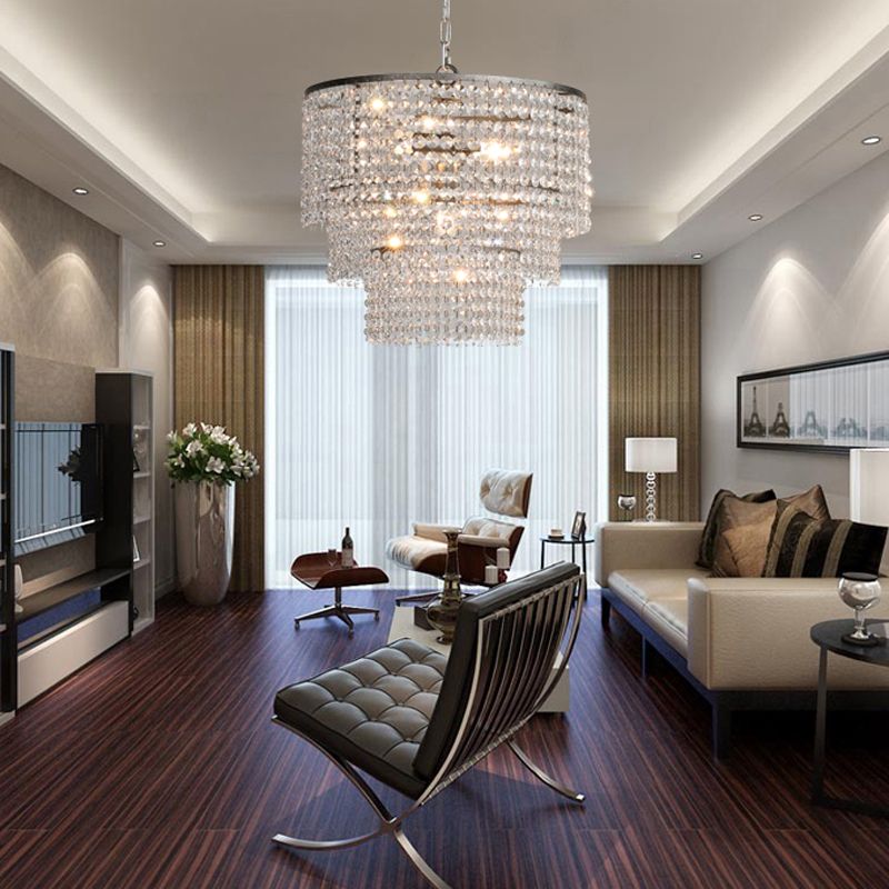 Chrome Tiered Round Chandelier Pendant Rustic Crystal Strand Living Room Hanging Light