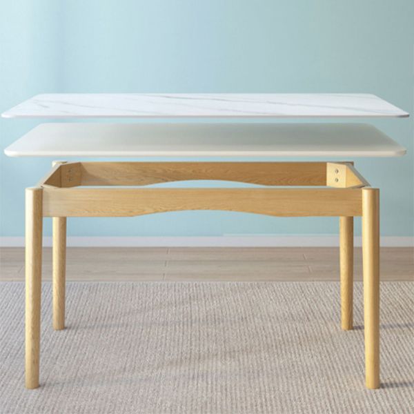 Modern White Rectangle Stone Dining Table with 4 Solid Wood Foot