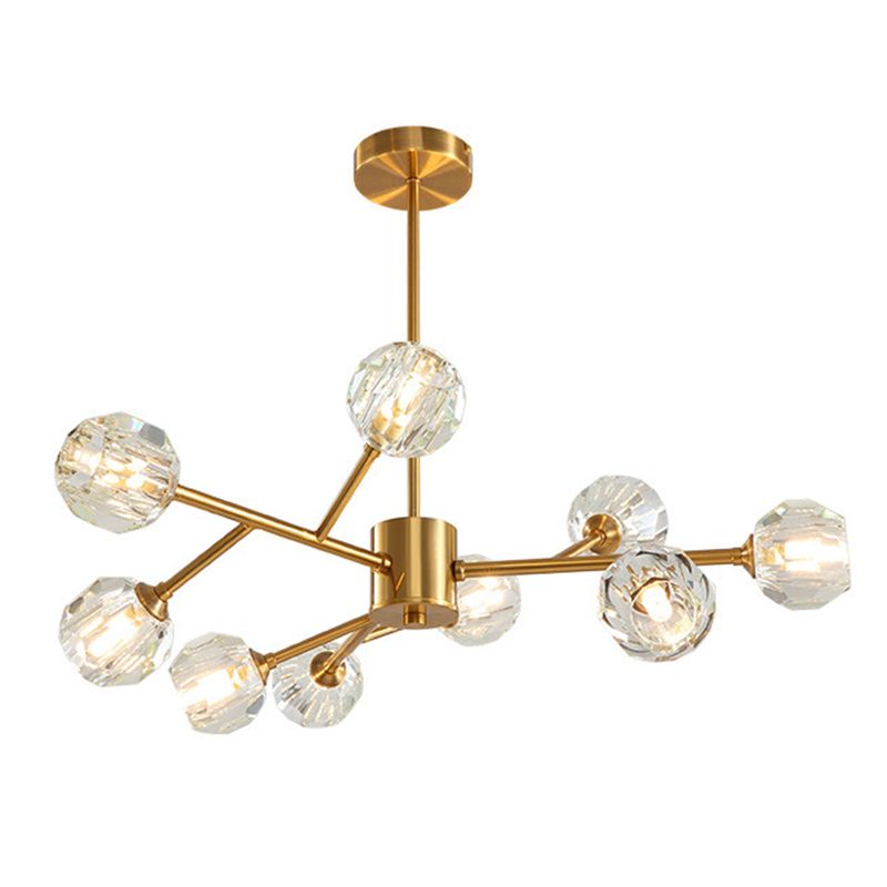 Branch Living Room Suspension Light Metal Artistic Chandelier Light with Faceted Crystal Shade in Gold