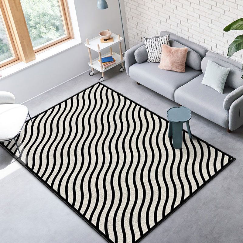 Black and White Lines Rug Living Room Carpet Polyester Washable Area Rug