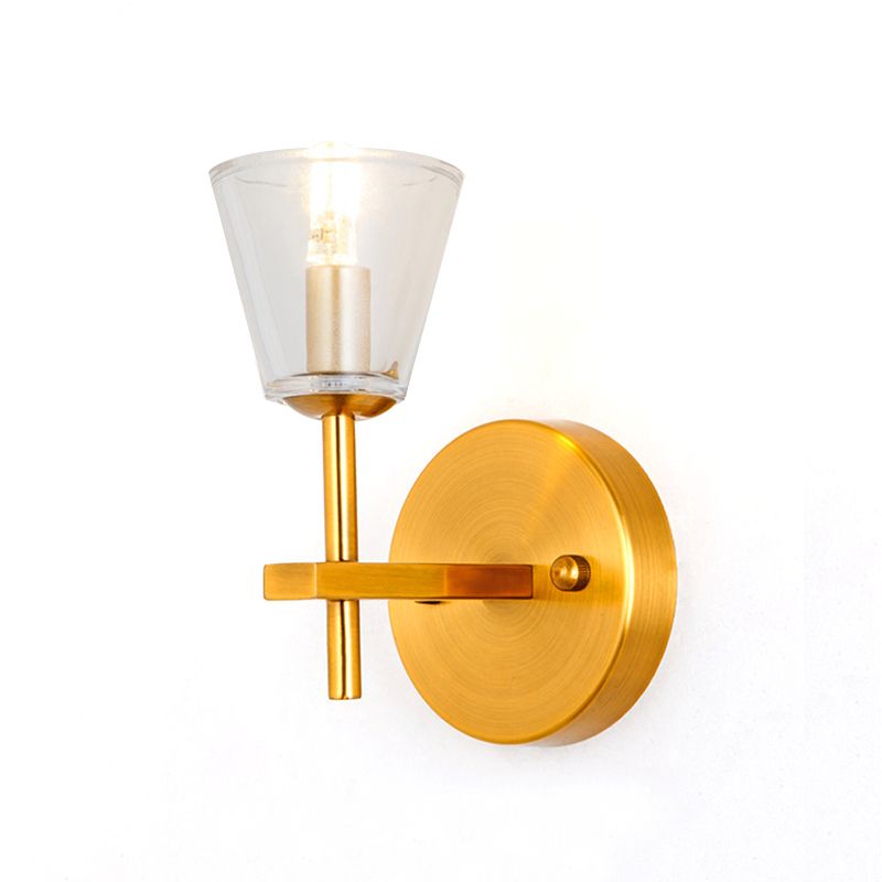 1/2-Light Clear Glass Wall Light Modern Style Gold Cone Bedroom Wall Sconce with Clean-Lined Arm