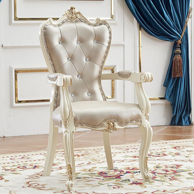 European Style Birch Leather Arm Chair Light Color Solid Back Dining Chair with White Legs