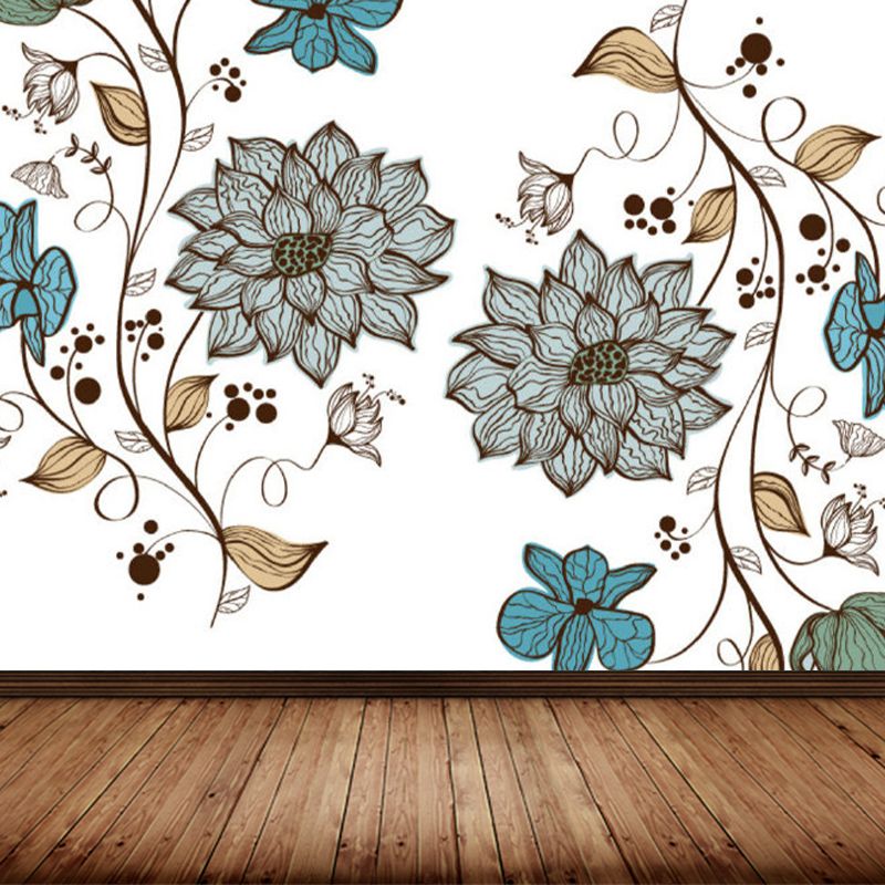 Contemporary Floral Print Mural Decal Blue Dining Room Wall Covering, Personalized