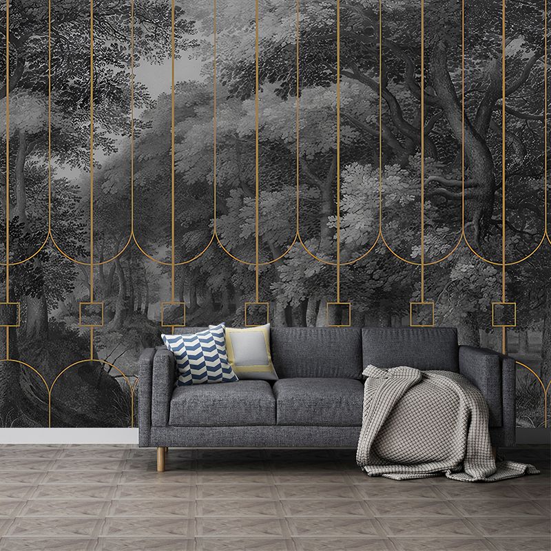 Enormous Photo Original Mural Wallpaper for Living Room Decor with Railings and Forest Design in Dark Grey