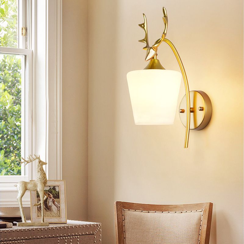 Modern Creative Antler Wall Lamp Wrought Iron Wall Sconce with White Glass Shade