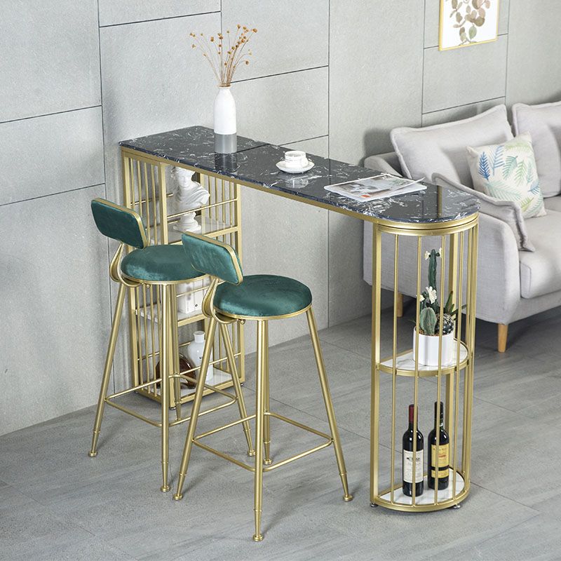 Marble Indoor Glam Bar Dining Table Gold Iron Double Pedestal Bistro Table with Shelve
