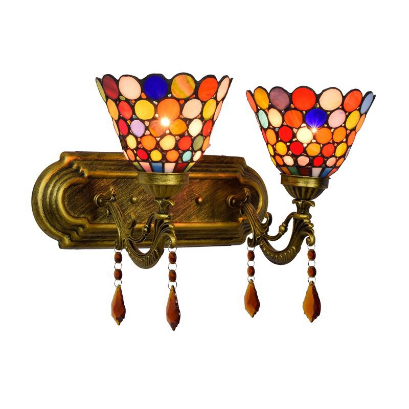 Bell Wall Mounted Light 2-Light Handcrafted Stained Glass Tiffany Sconce Lamp with Dots Design in Brass