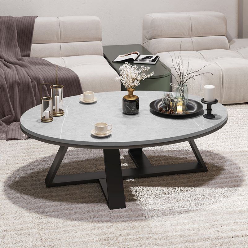 Glam Oval Stone Top Coffee Table with Iron Cross Base Cocktail Table