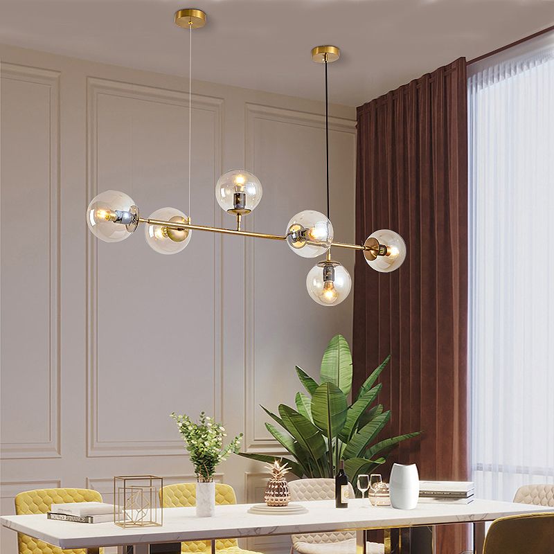 Gold Metal Island Light Modern 6-Head Restaurant Hanging Lamps with Globe Glass Shade