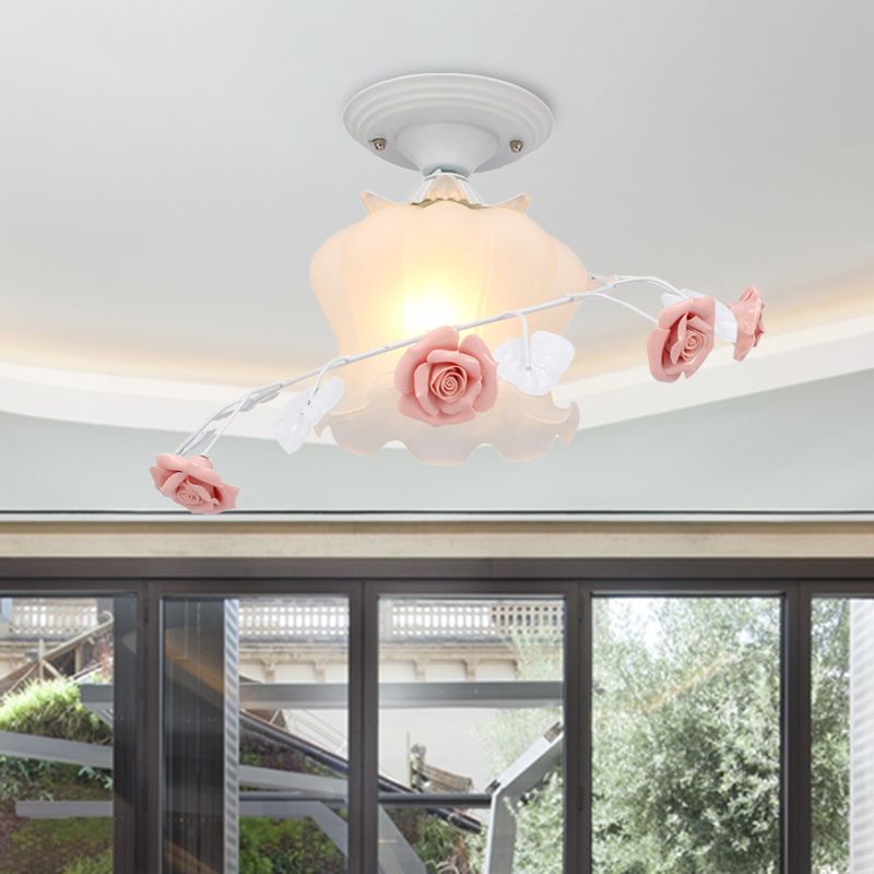 1 Bulb Scalloped Ceiling Flush Mount Traditional White/Green Satin Opal Glass Semi Mount Lighting