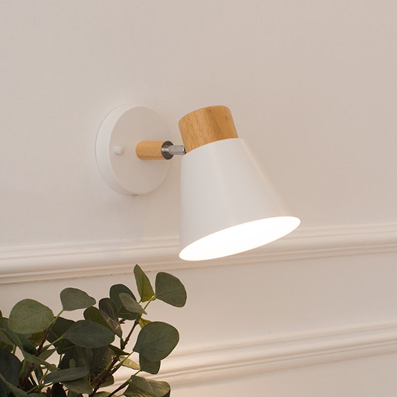 Modernism Conical Sconce Metal 1 Bulb Wall Mount Light Fixture in White with Wood Cap