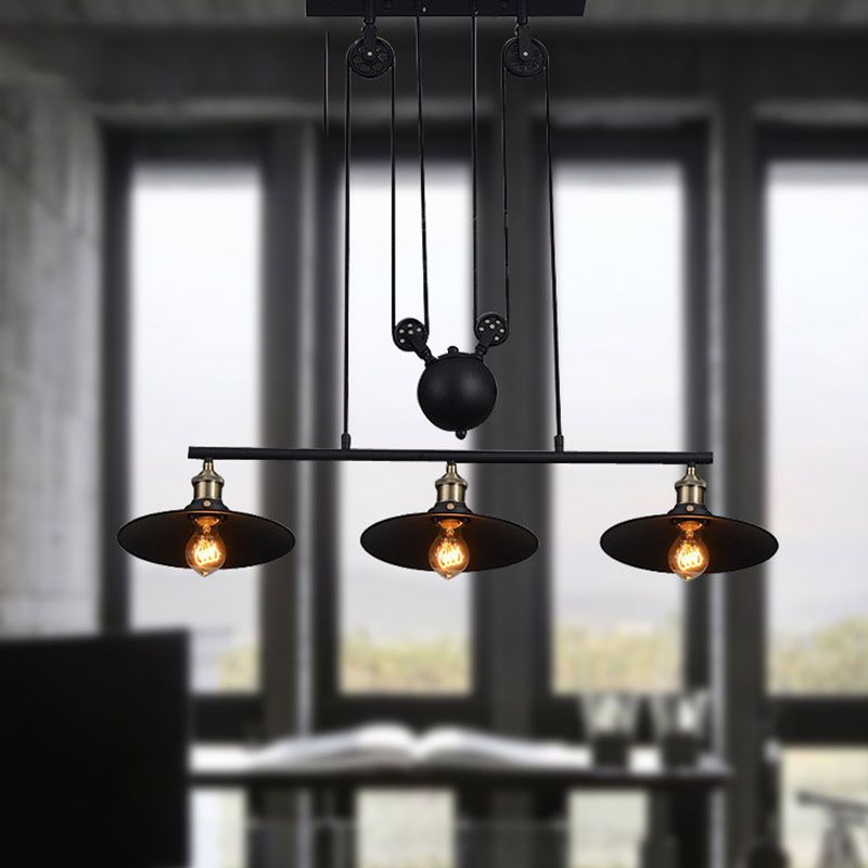 3 Lights Pulley Pendant Industrial Metal Black Hanging Island Light with Flared Shade
