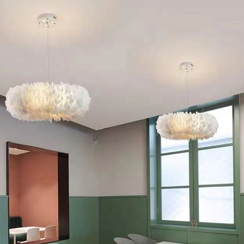 Feather Circle Chandelier Light Fixture Nordic Pendant Lighting Fixture in White