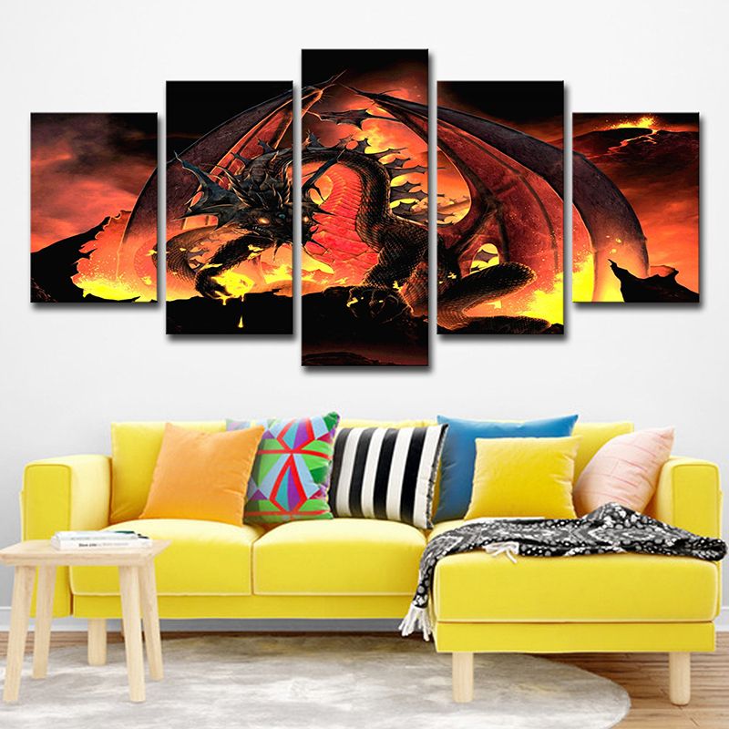 Fire Dragon Art Print Orange Canvas Made Wall Decor for House Interior, Multi-Piece