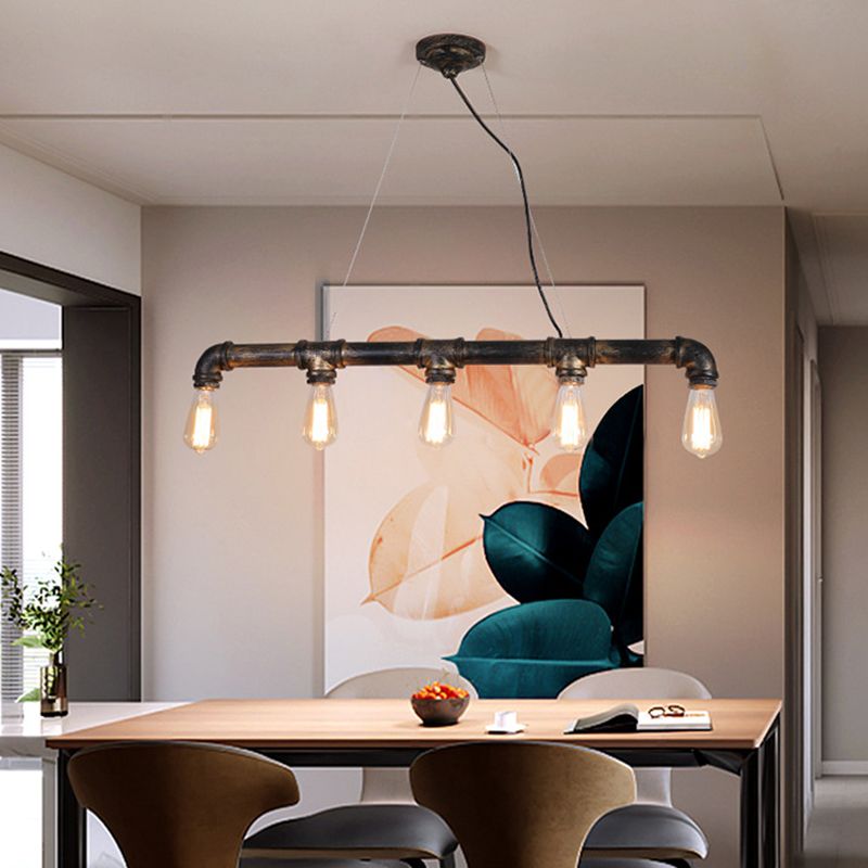 Steampunk Water Pipe Island Light Wrought Iron Suspended Lighting Fixture in Bronze