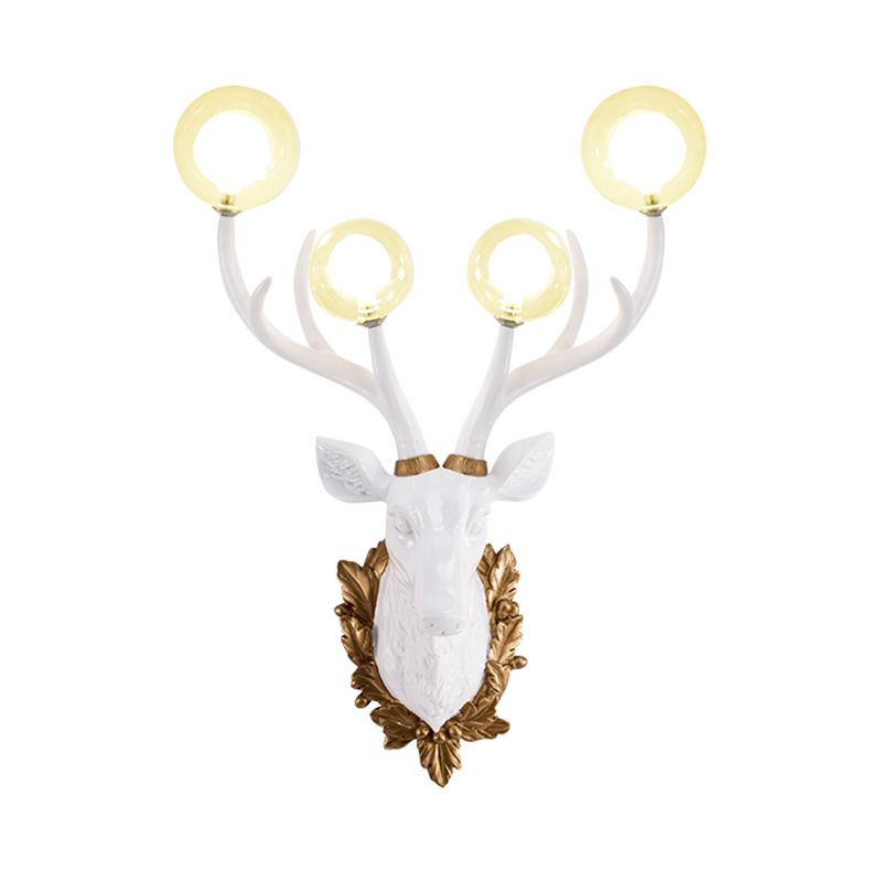4 Bulbs Deer Sconce Lamp Vintage White/Gold Resin Wall Lighting with Round Glass Shade, 17"/21.5" W