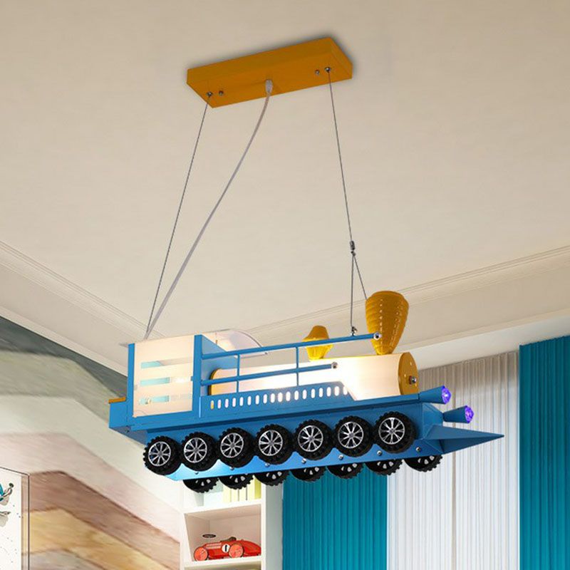 Metallic Train Shape Chandelier Lamp Contemporary Blue LED Hanging Light for Nursery