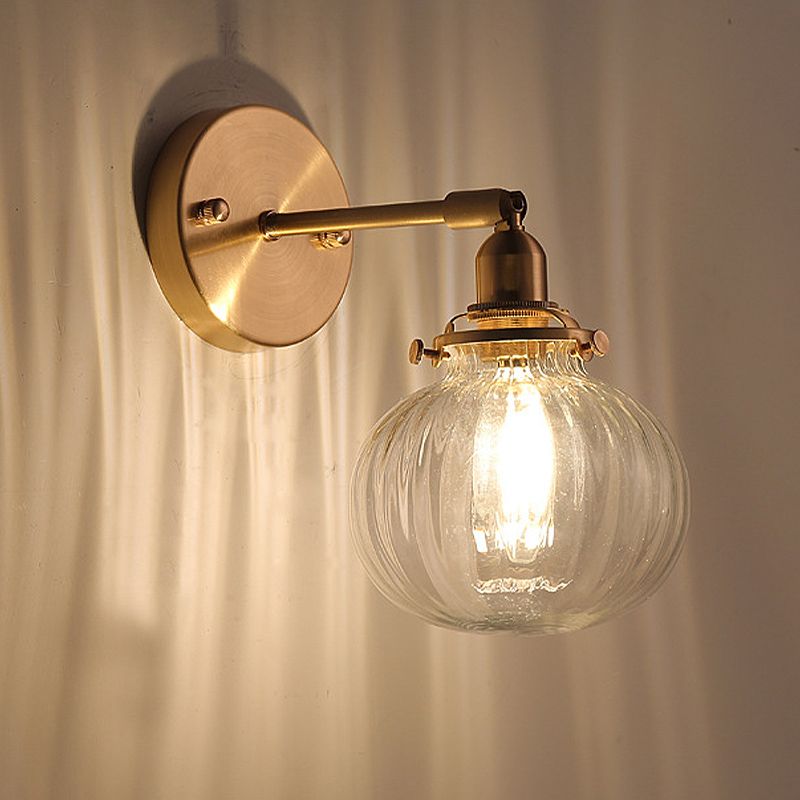 1 Kopfwand montierte Lampe Kolonialkugel Klar/Cognac Prismatic Glass Leuchte Beleuchtung in Gold