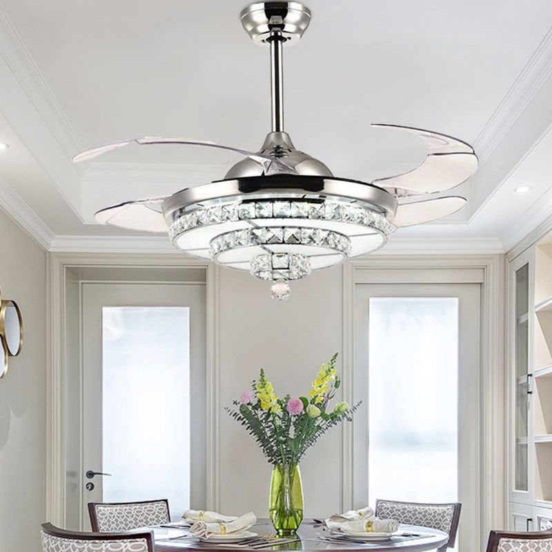 4-Blade-Chrom-LED-LED-Halbflush-zeitgenössische Kristallblock-Deckenlüftungsleuchte, 19 "breit
