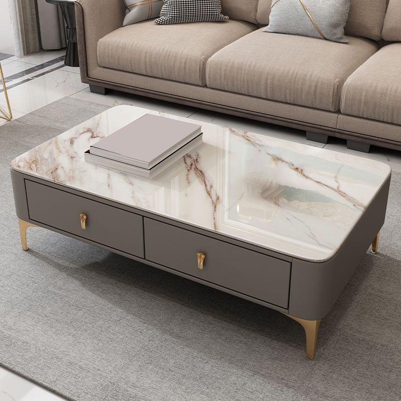 Glam Rectangle Stone Coffee Table Single 4 Legs Coffee Table with Storage Drawers
