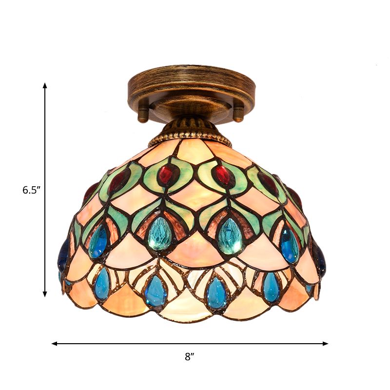 Plafonnier Shell Bowl fait à la main Tiffany à ampoule unique bleu/bleu clair/beige encastré avec cabochons en forme de pierres précieuses