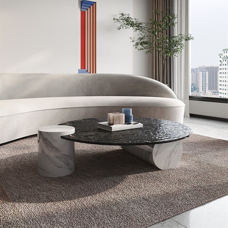 Modern Style Slate & Glass Round Coffee Table with White Base and Black/white Top