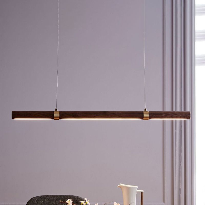 Single Modern Style Brown LED Wooden Linear Kitchen Island Light