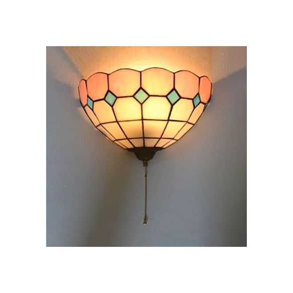 Pink and White Bowl Wall Mount Light Stained Glass 1 Bulb Tiffany Wall Sconce Light with Pull Chain