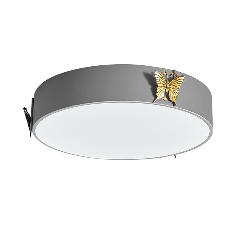 Drum Ceiling Mounted Light Nordic Metal LED Bedroom Flush Lamp Fixture in Grey with Butterfly Deco, White/Warm Light