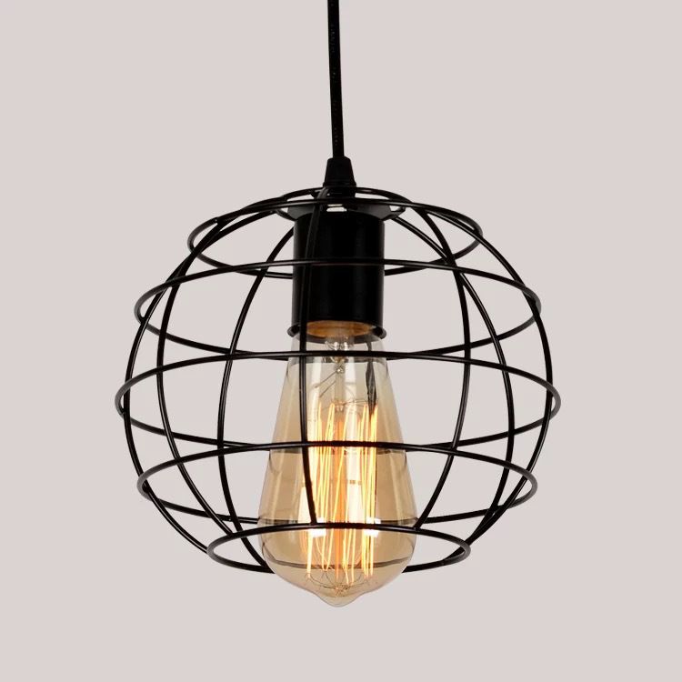 Black Caged Pendant Lighting Industrial Metal 1-Light Restaurant Suspension Light