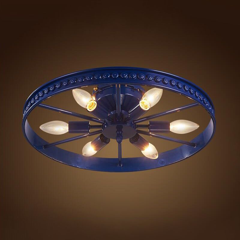 Black/Bronze 6 Heads Semi Flush Ceiling Light Farmhouse Stylish Metallic Wheel Shade Ceiling Lamp for Living Room