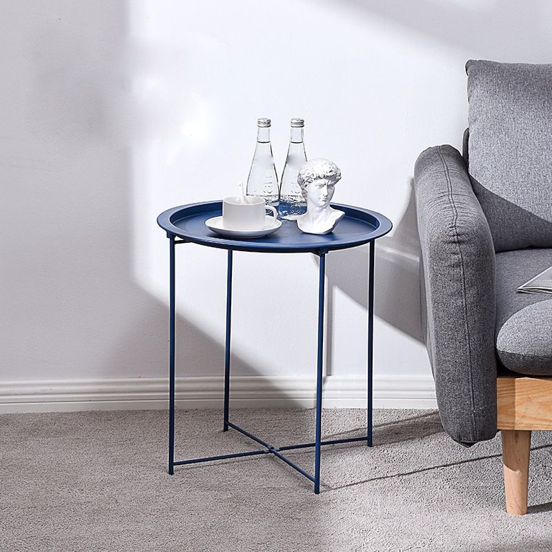 Round Tray Top Side Table Mid-Century Metal Cross Legs End Table