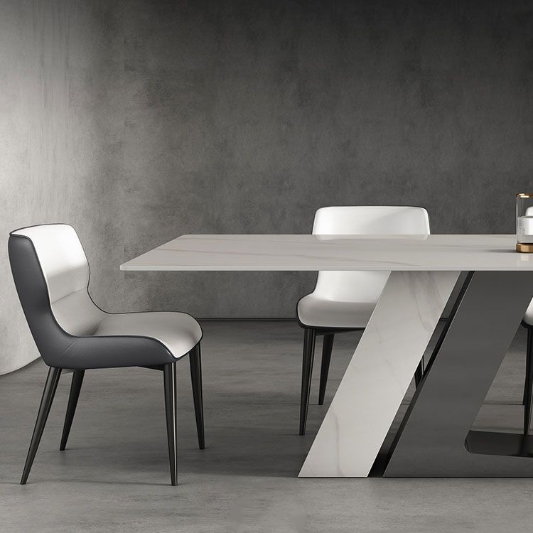 Modern Style Sintered Stone Dining Set with White Rectangle Shape Table and Double Pedestal Base