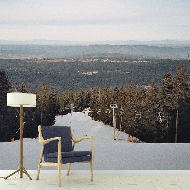 Blue Modernist Wall Mural Decal Huge Snow Ramp with Roadside Pine Trees Wall Art for Bedroom