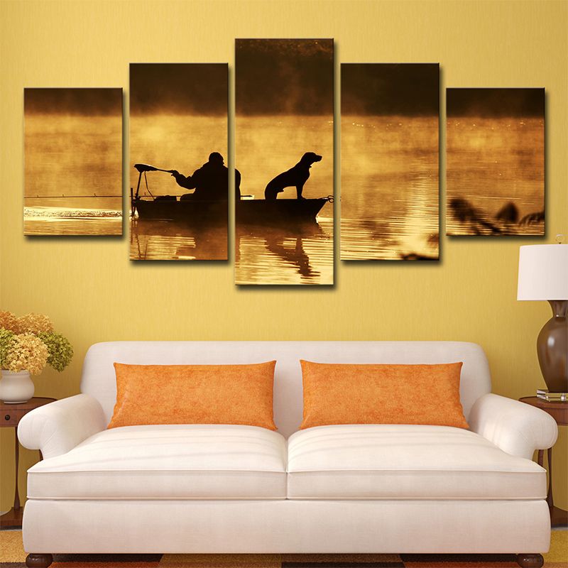 Fisherman and His Dog Canvas Print Brown Modern Style Wall Art Decor for Living Room