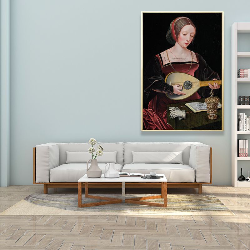 Red Woman Playing Lute Painting Musical Vintage Textured Canvas Art for Living Room