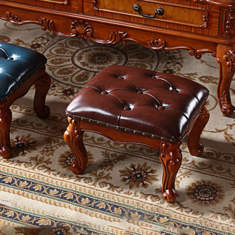 Mid-Century Modern Ottoman Faux Leather Tufted Nailhead Trim Rectangle Ottoman