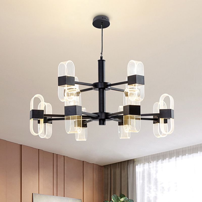 Modern Oval Chandelier Light Acrylic 6/8/12 Heads Living Room Hanging Lamp with Black Rod in Warm/White Light
