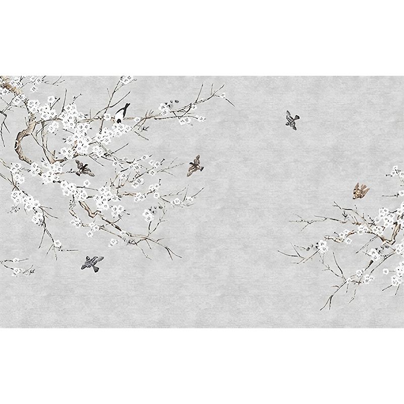 Enormous Branch and Bird Mural Wallpaper for Accent Wall in Grey, Stain-Resistant