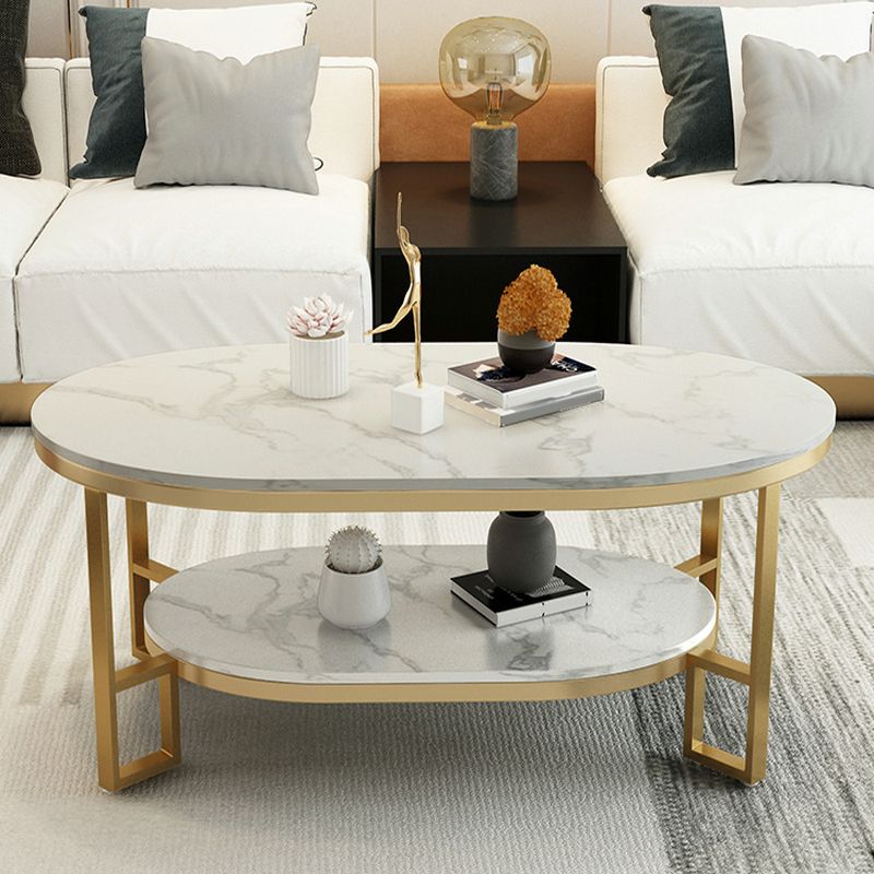 4 Legs Cocktail Table Shelf Included Oval Stone Coffee Table