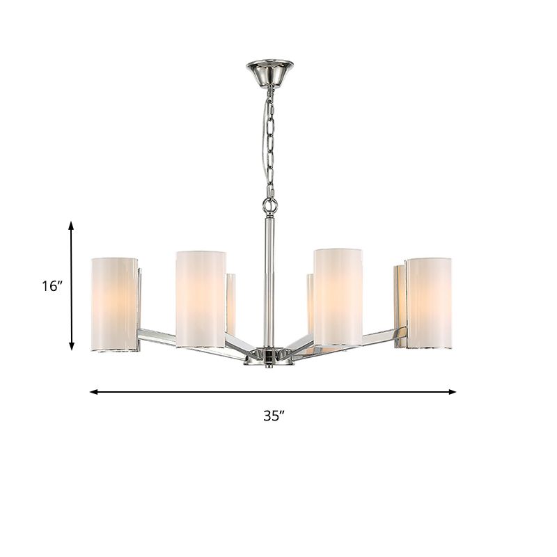 White Glass Cylindrical Chandelier Contemporary 8-Light Silver Ceiling Pedant Lamp with Adjustable Chain