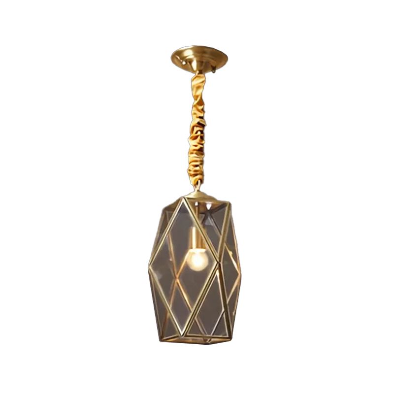 Prismatic/Faceted/Diamond Clear/Frosted Glass Hanging Pendant Vintage 1-Light Bedroom Ceiling Light in Brass
