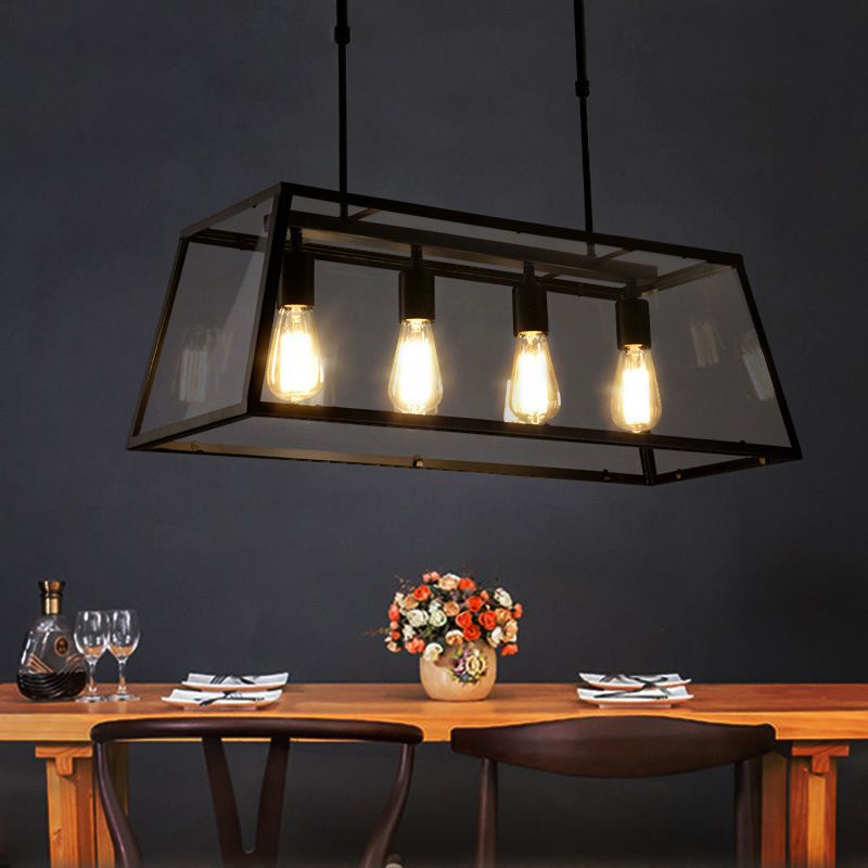 Industrial Metal Island Light Black 4 Lights Island Pendant with Glass for Dining Room