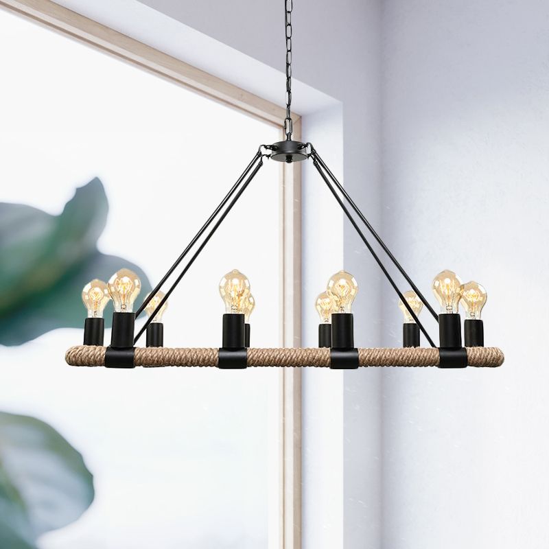10/16 Bulbs Chandelier Lighting Loft Style Rectangular Frame Metal Pendant Lighting with Rope Detail in Black