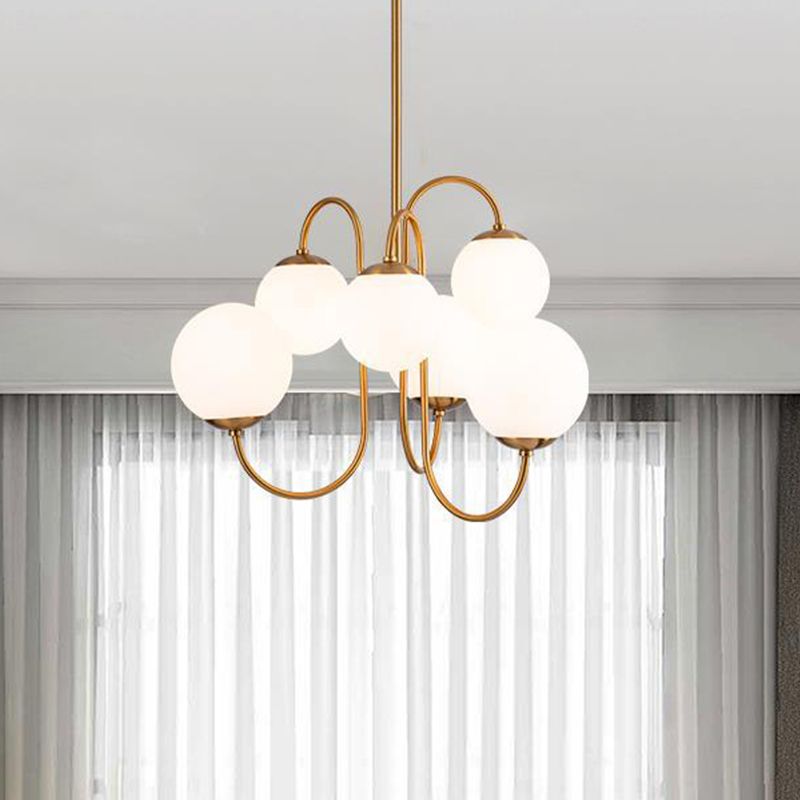 Modern 6 Heads Hanging Chandelier Gold Round Ceiling Pendant Light with White Glass Shade