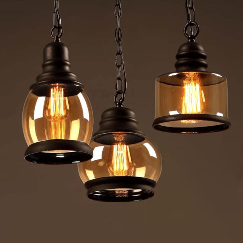 Black Single Pendant Light in Industrial Vintage Style Wrought Iron Hanging Lamp with Glass Shade