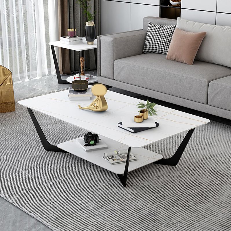15.7" H Rectangle Slate Coffee Table Metal 4 Legs Cocktail Table with Shelf