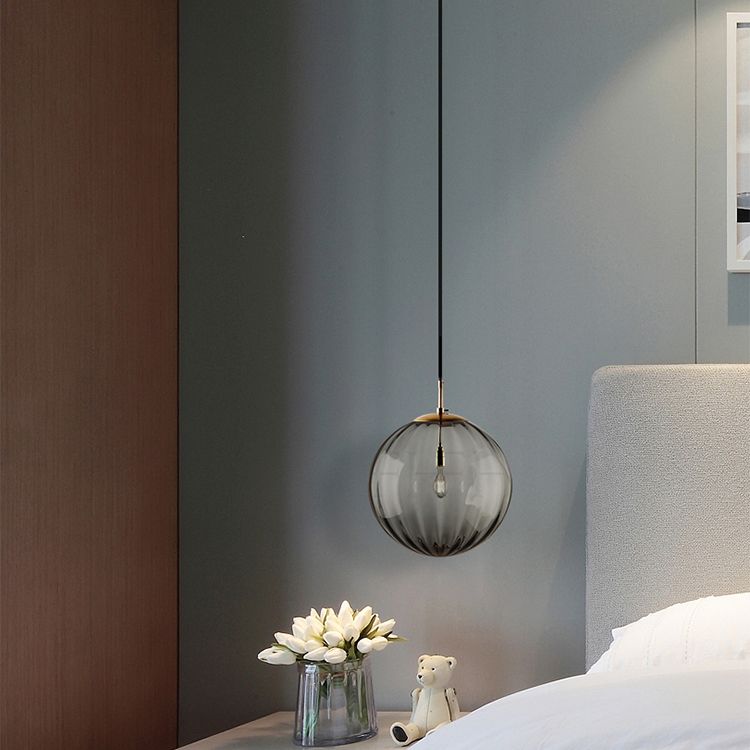 1 Light Spherical Pendant Light Modern Simple Designer Ribbed Bedroom Hanging Lamp