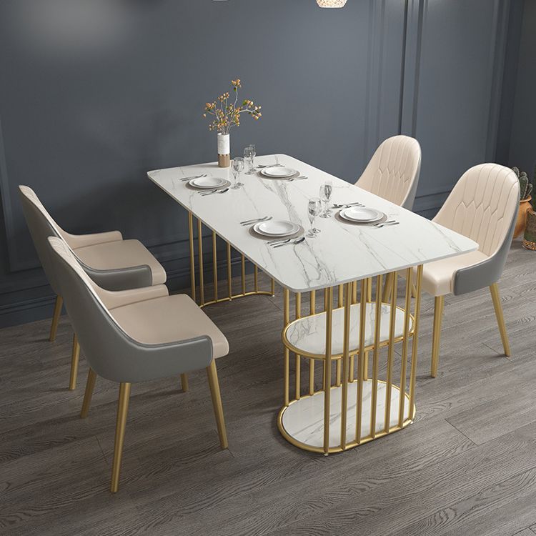 Glam Style Dining Table Metal Double Gold Pedestal Table with Storage
